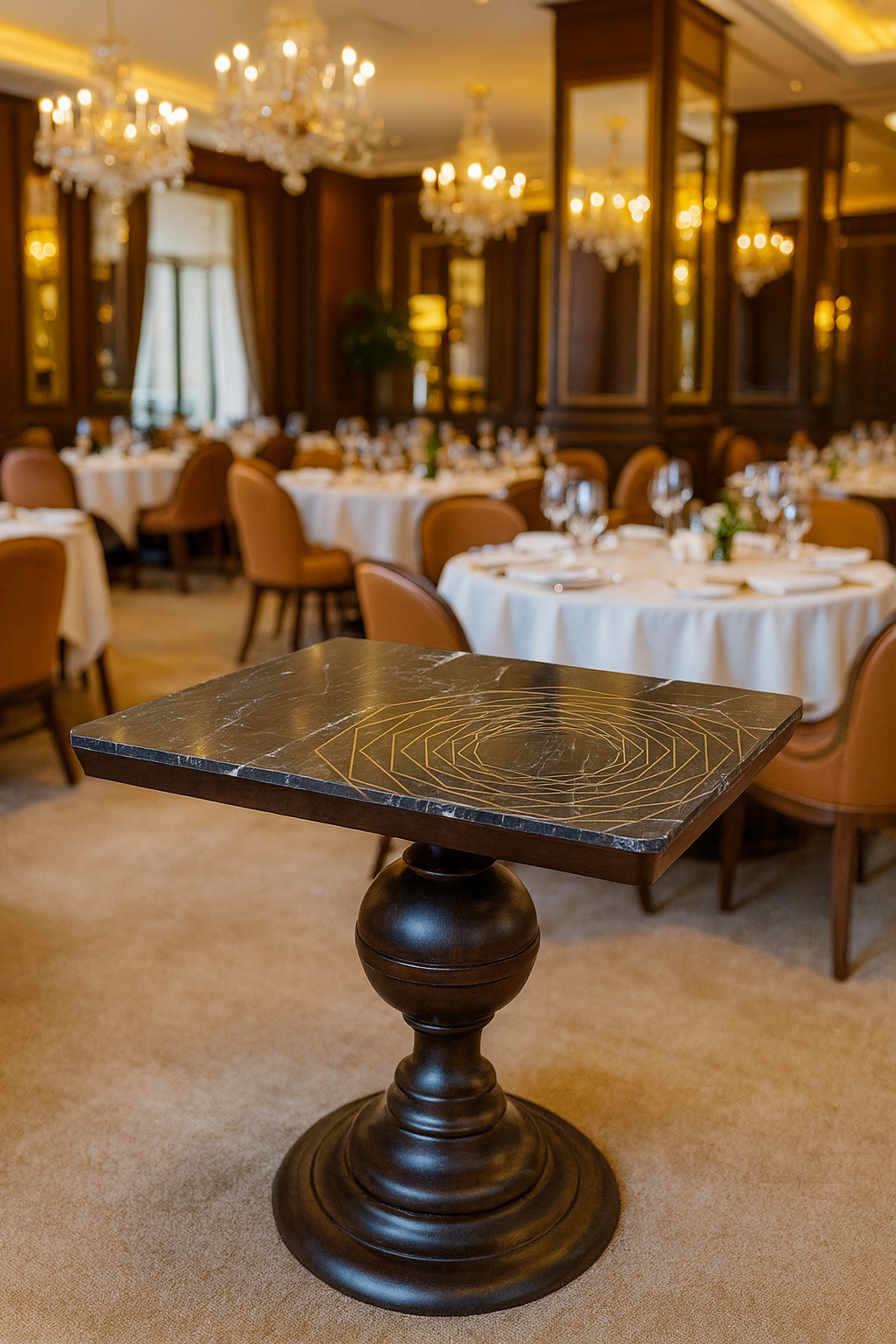 Whinfel Colonial Dining Table in Black Marble Brass Inlay Top